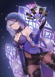 Rule 34 | 1girl, absurdres, bare shoulders, black gloves, black swan (honkai: star rail), breasts, card, cleavage, commentary request, covered navel, cowboy shot, dress, elbow gloves, gloves, halterneck, highres, honkai: star rail, honkai (series), large breasts, long hair, looking at viewer, m2013sachi, pantyhose, purple dress, purple hair, sleeveless, sleeveless dress, smile, solo, standing, thighs, veil, very long hair