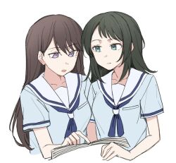 2girls bang_dream! bang_dream!_it&#039;s_mygo!!!!! blue_eyes blue_neckerchief blue_shirt brown_hair closed_mouth collarbone commentary green_hair hanasakigawa_school_uniform hashtag-only_commentary jenjen long_hair medium_hair mole mole_under_eye multiple_girls neckerchief open_mouth purple_eyes sailor_collar school_uniform serafuku shiina_taki shirt short_sleeves sidelocks white_sailor_collar yahata_umiri