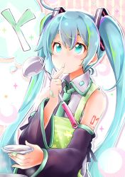 Rule 34 | 1girl, akino coto, apron, aqua eyes, aqua hair, bandaid, bandaid on hand, blush, cooking, detached sleeves, facing viewer, finger to mouth, hatsune miku, ladle, long hair, necktie, plate, solo, spring onion, tasting plate, tattoo, twintails, vocaloid