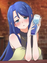 Rule 34 | 1girl, :o, alcohol, black dress, blue eyes, blue hair, blurry, blurry background, blush, commentary, cup, depth of field, dress, drunk, echieichi, elbow rest, half-closed eyes, head tilt, highres, holding, holding cup, indoors, jewelry, kibou no chikara ~otona precure &#039;23~, looking at viewer, minazuki karen, necklace, open mouth, precure, shawl, sleeveless, sleeveless dress, solo, squeans, yes! precure 5
