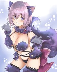 Rule 34 | 1girl, animal ears, black panties, black thighhighs, blush, breasts, claw pose, cleavage, collarbone, cowboy shot, elbow gloves, fate/grand order, fate (series), fox ears, fox tail, fur-trimmed legwear, fur collar, fur trim, fuyumino, gloves, grey gloves, grin, hair over one eye, hands up, highres, lace, lace-trimmed legwear, lace trim, large breasts, leaning forward, looking at viewer, mash kyrielight, mash kyrielight (dangerous beast), navel, o-ring, o-ring top, official alternate costume, panties, purple eyes, purple hair, short hair, smile, solo, tail, teeth, thighhighs, thighs, underwear, wolf ears, wolf tail