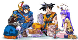 Rule 34 | 2girls, 3boys, baseball cap, black eyes, black hair, blue hair, blue tunic, bowl, bowl stack, character request, chicken (food), chicken leg, chopsticks, creator and creation, crossover, dougi, dr. slump, dragon ball, dragon quest, dragon quest ii, dragonball z, eating, erdrick&#039;s shield, food, gas mask, glasses, goggles, goggles on head, goggles on headwear, hat, highres, long hair, looking at another, mask, mini person, minigirl, multiple boys, multiple girls, noodles, norimaki arale, open mouth, plate, plate stack, pocky, prince of lorasia, purple eyes, purple hair, relaxing, sand land, sauce, senomoto hisashi, sitting, smile, son goku, spiked hair, spoon, sword, toriyama akira (character), trait connection, weapon, white background, wristband