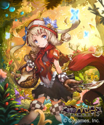 Rule 34 | 10s, 1girl, basket, blonde hair, blue eyes, brown gloves, bug, butterfly, capelet, forest, gloves, hair ornament, hairclip, hat, insect, knife, long hair, nature, shingeki no bahamut, skirt, smile, solo, teddy (khanshin), thighhighs, tree, white thighhighs