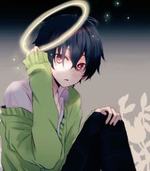 Rule 34 | 1boy, black background, black hair, black pants, bright pupils, cardigan, cardigan partially removed, collared shirt, fingernails, gradient background, green cardigan, grey background, hair between eyes, hair over eyes, halo, hand on own knee, holding, holding halo, kagerou project, kokonose haruka, long sleeves, looking at object, male focus, mekakucity actors, mole, mole under eye, open collar, pants, parted lips, plaid, plaid pants, red eyes, school uniform, shirt, short hair, sitting, sleeves past wrists, solo, strawberrya mg, white shirt