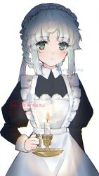 Rule 34 | 1girl, alternate costume, aoiro hiro, apron, aqua eyes, black dress, braid, candle, candlestand, closed mouth, collared dress, dated, dress, enmaided, fate/samurai remnant, fate (series), frills, hat, highres, juliet sleeves, long sleeves, looking at viewer, maid, mob cap, puffy sleeves, simple background, solo, upper body, white apron, white background, white hair, yui shousetsu (fate)