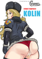 Rule 34 | 1girl, anus, anus peek, ass, back, black thighhighs, blonde hair, blonde pubic hair, blue eyes, blush, breasts, censored, commentary request, curvy, english text, female focus, female pubic hair, fur hat, hat, highres, hip focus, kolin, kz750d, large breasts, long hair, looking at viewer, looking back, mittens, no pants, panties, pubic hair, pussy, red panties, simple background, solo, street fighter, street fighter v, thick thighs, thighhighs, thighs, thong, underwear, ushanka, white background, wide hips