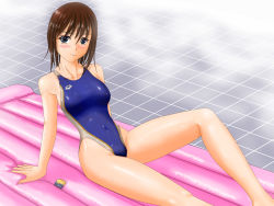 Rule 34 | 1girl, arena (company), bare arms, bare shoulders, blue eyes, blush, brown hair, collarbone, competition swimsuit, condom, covered navel, covered erect nipples, highleg, highleg swimsuit, inflatable raft, knees, legs, long legs, one-piece swimsuit, see-through, solo, swimsuit, thighs, tile floor, tiles