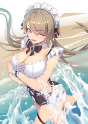 Rule 34 | ;d, arms under breasts, barefoot, black ribbon, bow, bowtie, breasts, cleavage, commentary request, day, detached collar, earrings, frilled swimsuit, frills, hair ribbon, highres, honkai (series), honkai impact 3rd, jewelry, large breasts, leg up, liu lan, long hair, maid headdress, mole, mole under eye, one-piece swimsuit, one eye closed, open mouth, outdoors, purple eyes, ribbon, rita rossweisse, rita rossweisse (phantom iron), short hair, smile, splashing, swimsuit, water drop