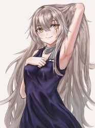 Rule 34 | 1girl, alternate hairstyle, arm up, armpits, bad id, bad pixiv id, blush, breasts, closed mouth, collarbone, dress, girls&#039; frontline, grey background, grey hair, grey scarf, hair between eyes, highres, long hair, looking at viewer, official alternate costume, purple dress, scar, scar across eye, scar on face, scarf, sidelocks, simple background, sleeveless, sleeveless dress, small breasts, smile, solo, ump45 (diamond flower) (girls&#039; frontline), ump45 (girls&#039; frontline), user mtpa8825, yellow eyes