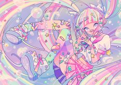 Rule 34 | 0621ff, 1girl, absurdly long hair, ahoge, bandaid, blonde hair, blue hair, blunt bangs, boots, bow, bracelet, bubble, clothes writing, decora, floating, floating hair, footwear ribbon, green hair, hair bow, hair ornament, hair ribbon, hairclip, heart, highres, jewelry, knees together feet apart, knees up, long hair, looking at viewer, midriff peek, multicolored hair, multiple bows, neck ribbon, original, own hands together, pearl anklet, pearl bracelet, pearl hair ornament, pigeon-toed, pink hair, platform footwear, pleated skirt, puffy short sleeves, puffy sleeves, purple eyes, purple hair, rainbow, rainbow hair, rainbow legwear, ribbon, safety pin, school uniform, seashell, serafuku, shell, short sleeves, skirt, smile, solo, star (symbol), star hair ornament, star ornament, streaked hair, striped clothes, striped thighhighs, thighhighs, twintails, very long hair