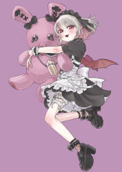Rule 34 | 1girl, :3, ankle belt, apron, black dress, black footwear, black sleeves, brown hair, colored inner hair, commentary, demon wings, dress, fishnet socks, fishnets, floating hair, frilled wrist cuffs, frills, from side, full body, harness, heart o-ring, holding, holding stuffed toy, hugging doll, hugging object, koze niire, long pointy ears, looking at viewer, looking to the side, maid headdress, makaino ririmu, makaino ririmu (5th costume), medium hair, multicolored hair, nijisanji, o-ring, o-ring thigh strap, pink hair, platform footwear, platform heels, pointy ears, puffy short sleeves, puffy sleeves, purple background, red eyes, shoes, short dress, short sleeves, simple background, smile, socks, solo, stuffed animal, stuffed rabbit, stuffed toy, symbol-only commentary, thigh strap, virtual youtuber, waist apron, white apron, wings, wrist cuffs