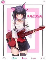 Rule 34 | 1girl, alternate costume, animal ear fluff, animal ears, bass guitar, bell, black choker, black hair, black skirt, black thighhighs, blue archive, blush, cela (akeeeeee675), character name, choker, collarbone, colored inner animal ears, colored inner hair, commentary request, cowboy shot, extra ears, guitar, hair ornament, hairclip, highres, instrument, kazusa (blue archive), like and retweet, multicolored hair, music, neck bell, no halo, off-shoulder shirt, off shoulder, open mouth, out of frame, pink hair, playing instrument, red eyes, shirt, short hair, short sleeves, simple background, skindentation, skirt, solo, thighhighs, white background, white shirt