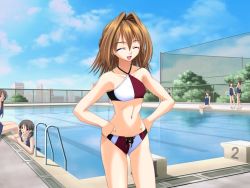Rule 34 | 00s, 6+girls, :d, aneimo, bikini, brown hair, chain-link fence, closed eyes, cloud, day, fence, game cg, halterneck, hands on own hips, kirishima satsuki, midriff, multiple girls, navel, non-web source, one-piece swimsuit, open mouth, outdoors, perspective, pool, pool ladder, poolside, school swimsuit, shinonome kazuhiko, short hair, sky, skyline, smile, solo focus, striped bikini, striped clothes, swimsuit, vertical-striped bikini, vertical-striped clothes, water