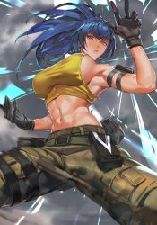 Rule 34 | 1girl, armlet, bare shoulders, belt, blue eyes, blue hair, breasts, camouflage, camouflage pants, earrings, gloves, highres, jewelry, large breasts, leona heidern, looking at viewer, midriff, navel, pants, ponytail, pouch, sleeveless, solo, tank top, the king of fighters, the king of fighters xv, tomcat li, toned, triangle earrings, yellow tank top
