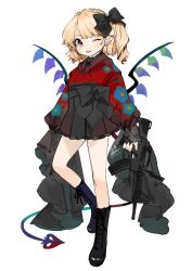 Rule 34 | 1girl, ;p, artist name, bad id, bad twitter id, bare legs, black bow, black footwear, black skirt, blonde hair, blush, boots, bow, commentary, cross-laced footwear, crystal, dated, earrings, finger on trigger, flandre scarlet, floral print, full body, gotou (nekocat), gun, hair bow, holding, holding gun, holding weapon, japanese clothes, jewelry, kimono, lace-up boots, laevatein (tail), long sleeves, looking at viewer, miniskirt, no headwear, one eye closed, one side up, pleated skirt, pointy ears, puffy sleeves, red eyes, red kimono, rifle, short hair, signature, simple background, skirt, solo, standing, tail, tongue, tongue out, touhou, weapon, white background, wings
