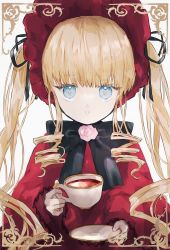 Rule 34 | 1girl, absurdres, blonde hair, blue eyes, bonnet, bow, capelet, cup, drill hair, flower, hair ribbon, hano luno, highres, holding, holding cup, holding saucer, long hair, long sleeves, looking at viewer, parted lips, ribbon, rose, rozen maiden, saucer, shinku, solo, teacup, twintails