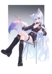 Rule 34 | 1girl, absurdres, animal ears, antenna hair, belt, black choker, black footwear, black nails, black shirt, black socks, boots, border, breasts, chair, choker, cleavage, clothing cutout, collarbone, crossed legs, extra ears, fox ears, fox girl, fox tail, gradient background, grey background, grey hair, hair between eyes, highres, holding, holding stick, kirby d a, knee boots, kneehighs, large breasts, leaning back, long hair, long sleeves, looking at viewer, navel cutout, original, pendant choker, pink eyes, shirt, sidelocks, simple background, sitting, smile, socks, solo, stick, tail, thigh strap, very long hair, white belt, white border
