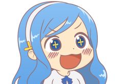 Rule 34 | 10s, 1girl, :3, :d, ascot, blouse, blue ascot, blue eyes, blue hair, blush, blush stickers, chibi, commentary, dot nose, eyebrows, flat color, gyate gyate, hair ornament, hairband, himouto! umaru-chan, long hair, matching hair/eyes, meme, necktie, open mouth, shirt, smile, solo, symbol-shaped pupils, tachibana sylphynford, transparent background, v-shaped eyebrows, very long hair, white shirt