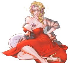 Rule 34 | 1girl, alternate costume, aphrodite (shuumatsu no valkyrie), bare arms, bare shoulders, blonde hair, blue eyes, breasts, dress, facing viewer, female focus, flower, flowers in hair, high heels, highres, large breasts, looking at viewer, mature female, nail polish, no socks, red dress, shuumatsu no valkyrie, simple background, smile, solo, stiletto heels, strapless, strapless dress