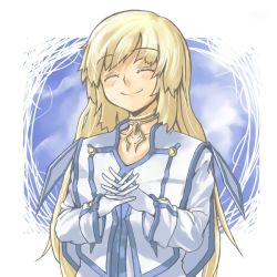 Rule 34 | 00s, bad id, bad pixiv id, blonde hair, closed eyes, colette brunel, dress, gloves, izumi (ko8), izumi (pixiv41366), jewelry, long hair, necklace, smile, solo, tales of (series), tales of symphonia, white dress, white gloves