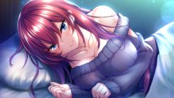 Rule 34 | 1girl, azarashi soft, bare shoulders, bed, bed sheet, blue eyes, blush, breasts squeezed together, breasts, cleavage, closed mouth, game cg, hair between eyes, hands up, happy, highres, indoors, large breasts, light blush, long hair, looking at viewer, lying, mole, mole on breast, nakatama kyou, off-shoulder sweater, off shoulder, on bed, on side, ousaka ayane, pillow, red hair, simple background, sleeves past wrists, smile, sweater, toshishita kanojo, under covers