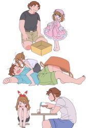 Rule 34 | 1boy, 1girl, :d, aged down, barefoot, belt, belt buckle, birch (pokemon), blue eyes, blue shirt, blush, box, brown hair, buckle, creatures (company), dress, father and daughter, game freak, gimako (oshiri no hoppe), glass, green shorts, hat, may (pokemon), multiple views, nintendo, open mouth, pink dress, pink headwear, pitcher (container), pokemon, pokemon oras, pouring, shirt, short sleeves, shorts, simple background, sitting, smile, stool, t-shirt, table, toes, washtub, white background