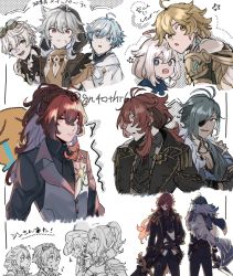 Rule 34 | 3girls, 6+boys, aether (genshin impact), bennett (genshin impact), black coat, black gloves, black pants, blue hair, chongyun (genshin impact), closed mouth, coat, commentary, crying emoji, dark-skinned male, dark skin, diluc (genshin impact), earrings, emoji, eyepatch, fingerless gloves, genshin impact, gloves, goggles, goggles on head, hair between eyes, halo, hat, holding, holding sword, holding weapon, hood, hood up, jean (genshin impact), jewelry, kaeya (genshin impact), lisa (genshin impact), long hair, long sleeves, multiple boys, multiple girls, multiple views, one eye closed, open mouth, paimon (genshin impact), pants, parted lips, ponytail, razor (genshin impact), red hair, shirt, simple background, single earring, sketch, star (symbol), suitchi (gn4othi61), sword, symbol-only commentary, translation request, twitter username, vest, weapon, witch hat