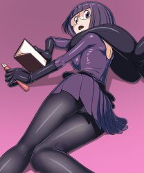 Rule 34 | 1girl, ass, back cutout, black bow, black pantyhose, blunt bangs, bob cut, book, bow, breasts, clothing cutout, creatures (company), elbow gloves, game freak, glasses, gloves, highres, holding, holding book, holding pen, large bow, long sleeves, medium breasts, nintendo, pantyhose, pen, pleated skirt, pokemon, pokemon bw, purple eyes, purple hair, purple skirt, round eyewear, shauntal (pokemon), skirt, solo, tsuichi