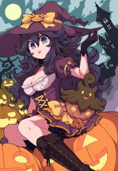 Rule 34 | 1girl, @ @, absurdres, adapted costume, alternate breast size, black gloves, blue eyes, boots, breasts, cleavage, corset, creatures (company), cross-laced footwear, full moon, game freak, gen 6 pokemon, gen 7 pokemon, gloves, hat, hex maniac (pokemon), highres, jack-o&#039;-lantern, lace-up boots, large breasts, long hair, messy hair, mimikyu, moon, nintendo, npc trainer, pokemon, pokemon (creature), pokemon xy, pumpkaboo, pumpkin, purple hair, sitting, tongue, tongue out, witch, witch hat, yokoyoko (nazonazo)