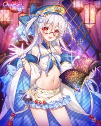 Rule 34 | 1girl, :d, bare shoulders, blue ribbon, blush, book, coat, commission, commissioner name, cowboy shot, crop top, curtains, glasses, gloves, grey hair, hair ribbon, hat, holding, holding book, long hair, looking at viewer, magic circle, miniskirt, munlu (wolupus), navel, off shoulder, open book, open clothes, open coat, open mouth, original, red-framed eyewear, red eyes, ribbon, signature, skeb commission, skirt, sleeveless, smile, solo, stomach, two side up, white gloves, window