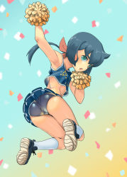 Rule 34 | 1girl, armpits, ass, black panties, blue eyes, blue hair, blush, breasts, cheerleader, collarbone, confetti, constanze amalie von braunschbank-albrechtsberger, gradient background, hair ornament, hair ribbon, jumping, little witch academia, long hair, looking at viewer, midriff, miniskirt, navel, open mouth, panties, ponytail, ribbon, rozen110, shiny skin, simple background, skirt, small breasts, solo, teeth, underwear, upper teeth only, upskirt