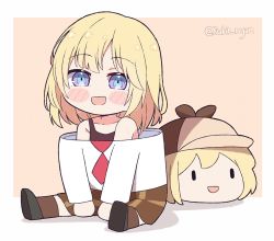 Rule 34 | 1girl, bare shoulders, blonde hair, blue eyes, blush, blush stickers, commentary, cosplay, costume, hololive, hololive english, kigurumi, kukie-nyan, looking at viewer, medium hair, on floor, open mouth, pink background, simple background, sitting, skirt, smile, smol ame, solo, sweatdrop, virtual youtuber, walfie (style), watson amelia, watson amelia (cosplay)