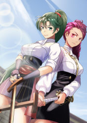 Rule 34 | 2girls, alternate costume, ascot, blouse, braid, braided ponytail, breasts, brown eyes, cloud, cloudy sky, facial mark, fire emblem, fire emblem: the blazing blade, fire emblem: three houses, garreg mach monastery uniform, green eyes, green hair, hairband, highres, holding, holding sword, holding weapon, large breasts, long hair, long sleeves, lyn (fire emblem), multiple girls, nintendo, petra macneary, ponytail, purple hair, shirt, side-by-side, skirt, sky, sleeves rolled up, smile, strap, sukkirito (rangusan), sword, tattoo, trait connection, uniform, weapon, white shirt, wooden sword