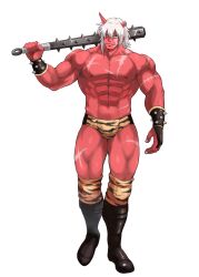 Rule 34 | 1boy, abs, absurdres, animal print, armor, bara, black footwear, blank eyes, boots, briefs, broken horn, club, club (weapon), colored skin, commission, full body, hair between eyes, heterochromia, highres, holding, holding club, holding weapon, horns, kanabou, knee pads, looking at viewer, male focus, male underwear, muscular, muscular male, nipples, oni, original, owariya ranko, pauldrons, pectorals, red horns, red oni, red skin, scar, second-party source, shoulder armor, simple background, skeb commission, skin-covered horns, solo, spiked pauldrons, standing, thick thighs, thighs, tiger print, topless male, tusks, underwear, v-shaped eyebrows, weapon, white background, white hair, wrestling boots, wrestling outfit, yellow eyes