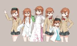 6+girls age_difference ahoge ao_dai asymmetrical_bangs blazer blue_dress bow bowtie breasts brown_eyes brown_hair brown_jacket cast child clone collared_shirt commentary_request cropped_legs dolly_(toaru_kagaku_no_railgun) dress goggles goggles_on_head grey_skirt grin hair_between_eyes hair_ornament hairclip hairpin hand_on_own_hip head-mounted_display heart_pendant height_difference jacket korean_commentary last_order_(toaru_majutsu_no_index) long_hair long_sidelocks long_sleeves medium_breasts medium_hair misaka_imouto misaka_imouto_10032 misaka_mikoto misaka_worst multiple_girls naked_shirt night_vision_device nyangpa_1223 plaid_clothes plaid_skirt polka_dot polka_dot_dress red_bow red_bowtie school_emblem school_uniform shirt short_hair siblings sidelocks simple_background sisters skirt sleeves_past_fingers sleeves_past_wrists smile toaru_kagaku_no_railgun toaru_kagaku_no_railgun_t toaru_majutsu_no_index toaru_majutsu_no_index:_new_testament tokiwadai_school_uniform waving white_dress white_polka_dots white_shirt winter_uniform