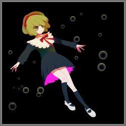 Rule 34 | 1girl, black background, black dress, black footwear, border, bow, bubble, calf socks, child, closed mouth, danganronpa (series), danganronpa another episode: ultra despair girls, dress, eyebrows hidden by hair, falling, female focus, full body, green eyes, green hair, grey border, hair bow, hair ribbon, hairband, headband, long sleeves, mary janes, matching hair/eyes, bowtie, neck ribbon, nose, outstretched arms, outstretched hand, red bow, red hairband, red headband, red headwear, red ribbon, ribbon, shoes, solo, spread fingers, thighs, towa monaca, white footwear