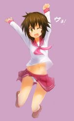 Rule 34 | 00s, 1girl, arms up, blush, brown hair, fang, happy, highres, kusakabe misao, lucky star, midriff, one eye closed, open mouth, panties, pantyshot, petite, school uniform, short hair, simple background, skirt, smile, solo, tilt-shift (azalanz), underwear, upskirt, white panties, wind, wind lift, wink, yellow eyes