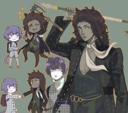 2boys :3 :d :o :p animal_ears axe basilio_(metaphor:_refantazio) black_jacket braid brothers brown_hair chibi chibi_inset dark-skinned_male dark_skin fangs fidelio_(metaphor:_refantazio) fist_bump green_background highres holding holding_axe jacket looking_at_viewer male_focus medium_hair metaphor:_refantazio multiple_boys open_mouth orange_outline outline purple_hair red_eyes scar scar_across_eye short_bangs short_hair siblings simple_background slit_pupils smile tail tirtyturtle tongue tongue_out twin_braids twitter_username yellow_eyes