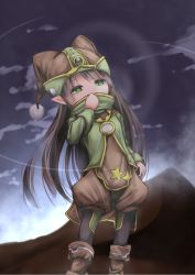 Rule 34 | 1girl, bad id, bad pixiv id, boots, brown hair, cloud, desert, gnome (mon-musu quest!), green eyes, hat, highres, long hair, lv21, mon-musu quest!, monster girl, night, pointy ears, sky, solo, standing, very long hair