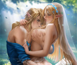 Rule 34 | 1boy, 1girl, blonde hair, blue shirt, blurry, blurry background, blush, grabbing another&#039;s breast, breasts, clothed male nude female, clothes pull, collarbone, couple, depth of field, dimples of venus, elf, eyelashes, falling leaves, grabbing, hair between eyes, hetero, large breasts, leaf, link, lips, long hair, medium breasts, nintendo, nude, outdoors, parted lips, pointy ears, princess, princess zelda, sakimichan, shirt, shirt pull, short hair, the legend of zelda, the legend of zelda: breath of the wild, upper body, veil