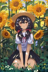 Rule 34 | 1girl, :o, absurdres, black hair, black skirt, brown eyes, commentary request, copyright request, day, field, flower, flower field, hair ornament, hair ribbon, hat, highres, kgt (pixiv12957613), light blush, looking at viewer, neck ribbon, outdoors, parted lips, red ribbon, ribbon, school uniform, serafuku, shirt, short sleeves, sitting, skirt, solo, straw hat, sunflower, sunflower field, white shirt, x hair ornament