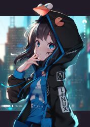 Rule 34 | 1girl, absurdres, arch linux, artist name, bird, black hair, black hoodie, black jacket, blue eyes, blue shirt, from side, hand on own face, highres, hood, hoodie, jacket, krita (medium), linux, linux-tan, looking at viewer, open clothes, open hoodie, open jacket, os-tan, pac-man, penguin, raviolimavioli, shirt, sweater, system console