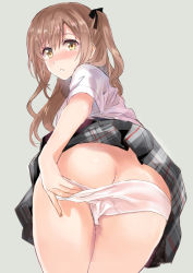 Rule 34 | 1girl, ass, blush, brown eyes, brown hair, butt crack, cowboy shot, from behind, hair ribbon, original, panties, panty pull, plaid, plaid skirt, pulling own clothes, ribbon, shaa, simple background, skirt, solo, underwear, undressing, white panties