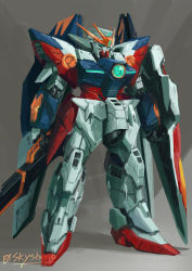 Rule 34 | absurdres, aqua eyes, commentary, english commentary, grey background, gun, gundam, gundam wing, highres, holding, holding gun, holding shield, holding weapon, looking ahead, mecha, mechanical wings, mobile suit, no humans, robot, science fiction, shield, sky (sky sheno), solo, standing, v-fin, weapon, wing gundam zero, wings