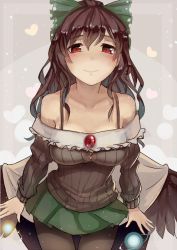 Rule 34 | 1girl, bare shoulders, black pantyhose, black wings, blush, bow, brown hair, cape, hair bow, long hair, looking at viewer, off-shoulder, off-shoulder sweater, off shoulder, pantyhose, red eyes, reiuji utsuho, ribbed sweater, skirt, smile, solo, sweater, touhou, walzrj, wings