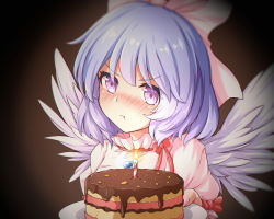 Rule 34 | 1girl, :t, angel wings, birthday, birthday cake, blush, bow, brown background, cake, candle, closed mouth, commentary request, dress, feathered wings, feng ling (fenglingwulukong), food, hair bow, highres, light purple hair, mai (touhou), pink bow, pink dress, pout, puffy short sleeves, puffy sleeves, purple eyes, red bow, red ribbon, ribbon, short hair, short sleeves, touhou, touhou (pc-98), v-shaped eyebrows, white wings, wings
