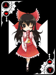 Rule 34 | 1girl, ace (playing card), ace of hearts, brown eyes, brown hair, card, card (medium), detached sleeves, female focus, hair tubes, hakurei reimu, heart, japanese clothes, miko, monmon, one eye closed, playing card, solo, touhou, wink, yin yang