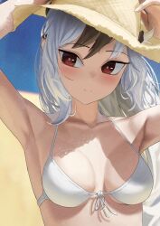 Rule 34 | 1girl, absurdres, armpits, arms up, bikini, black hair, blue archive, blurry, blurry background, blush, breasts, closed mouth, collarbone, commentary, day, earclip, english commentary, front-tie bikini top, front-tie top, grey hair, halterneck, hat, highres, kayoko (blue archive), long hair, looking at viewer, medium breasts, multicolored hair, outdoors, portrait, red eyes, rifu002, shadow, smile, solo, split mouth, straw hat, swimsuit, two-tone hair, very long hair, white bikini
