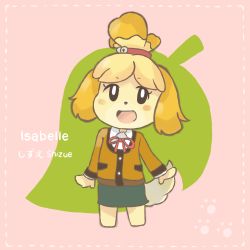 Rule 34 | 1girl, animal crossing, blonde hair, bow, character name, chocomiru, commentary, dog girl, english commentary, full body, green skirt, isabelle (animal crossing), looking at viewer, nintendo, paw print, paw print background, personification, red bow, skirt, smile, solo, tail, yellow fur