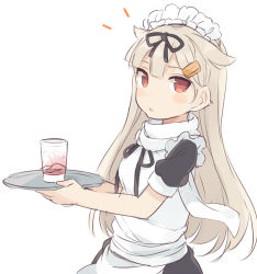 Rule 34 | 10s, 1girl, alternate costume, apron, bad id, bad pixiv id, blonde hair, cup, drinking glass, hair flaps, hair ornament, hair ribbon, hairclip, kantai collection, long hair, maid, maid apron, maid headdress, open mouth, personification, red eyes, ribbon, solo, totoki86, tray, yuudachi (kancolle), yuudachi kai ni (kancolle)